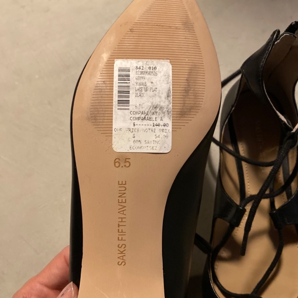 𝅺NEW Saks Fifth Avenue 'Estyn' Black Lace Up Point Flat - Picture 2 of 3
